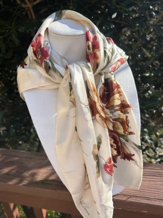RALPH LAUREN 100% Silk Cream Floral SCARF - Picture 2 of 9